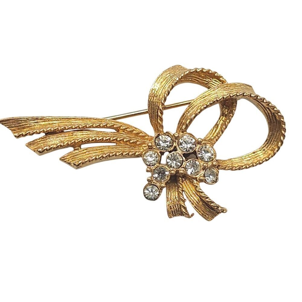 Vintage Bow-Shaped Gold Tone Rhinestone Brooch Pin